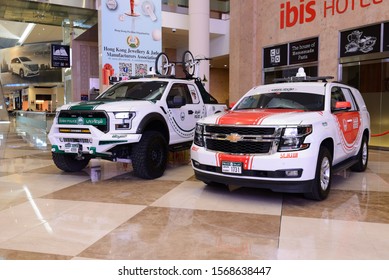 DUBAI, UAE - NOVEMBER 16: The Ford Raptor Of Dubai Police And Chevrolet Tahoe Rescue Cars Are On Dubai Motor Show 2019 On November 16, 2019 