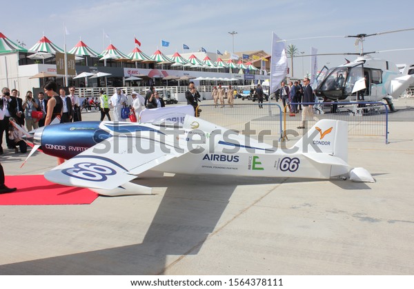Dubai, UAE - November 17-21, 2019: Official\
unveiling of the world’s first electric race plane at Dubai Airshow\
2019. The E-Racer model on display at the Dubai Airshow is \
nicknamed \'White\
Lightning\'.