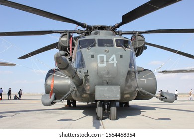 Dubai, UAE - November 19, 2019: US Navy Sikorsky MH-53E Sea Dragon Helicopter From The Carrier USS Abraham Lincoln On Static Display At Dubai Airshow 2019 - One Of 13 US Military Aircraft At The Show.