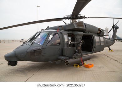 Dubai, UAE - November 21, 2019: United Arab Emirates Air Force Helicopter Sikorsky UH-60L Blackhawk. UAE Army.