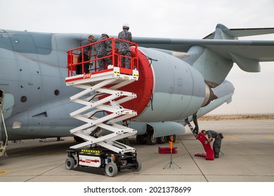 Dubai, UAE - NOVEMBER 21, 2019:  Aircraft Engine Maintenance. Military Aircraft Repair And Maintenance.