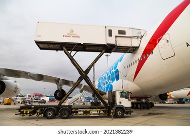 Dubai, UAE - NOVEMBER 21, 2019:  Loading Onboard Food Into The Aircraft. Airline Catering. Emirates Flight Catering. Catering Truck. Dubai Airport.