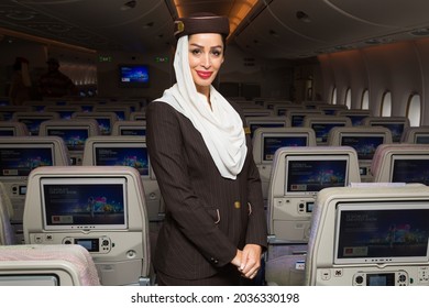 Dubai, UAE - NOVEMBER 21, 2019: Flight Attendant Portrait. Emirates Airline Stewardess. Cabin Crew Member.