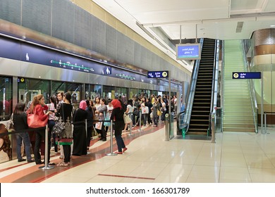 DUBAI, UAE - NOVEMBER 3: Interior of metro station in Dubai. Metro as world's longest fully automated metro network (75 km) on November 3, 2013, Dubai, UAE.