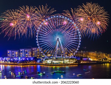 Dubai, UAE - Oct 21, 2021: Spectacular fireworks show to celebrate Ain Dubai opening