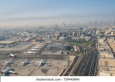 DUBAI, UAE - OCTOBER 1, 2017: Dubai View From The Top Of The Aircraft On 1 October 2017, Dubai, UAE. Views Of Dubai International Airport.