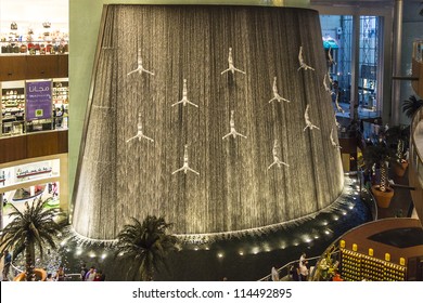 DUBAI, UAE - OCTOBER 1: Waterfall in Dubai Mall - world's largest shopping mall based on total area and sixth largest by gross leasable area, October 1, 2012 in Dubai, United Arab Emirates.