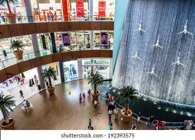 DUBAI, UAE - OCTOBER 1: Waterfall in Dubai Mall - world's largest shopping mall based on total area and sixth largest by gross leasable area, October 1, 2013  in Dubai, United Arab Emirates.