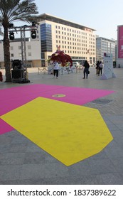 Dubai, UAE - October 10, 2020: Decal/sticker Sign Instructs Visitors To Maintain Social Distance As A Stipulated Health Precaution At 'World Art Dubai' Retail Art Fair, During The Covid-19 Pandemic.