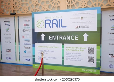 Dubai, UAE - October 12, 2021: Official Event Branding At 'Middle East Rail 2021' - The Largest Trade Event For The Railway And Metro Industries In The Middle East, North Africa And South Asia Region.