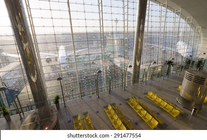DUBAI, UAE - OCTOBER 17, 2013: view from Emirates business class lounge. Emirates is the largest airline in the Middle East, operating from its hub at Dubai International Airport