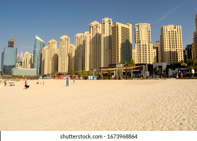 Dubai / UAE - October 17, 2019: JBR Walk, Marina. Panoramic View Of Jumeirah Beach Residence Skyscrapers. Urban Beach