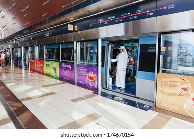 DUBAI, UAE - OCTOBER 31, 2013: Interior of metro station in Dubai. Metro as world's longest fully automated metro network (75 km).