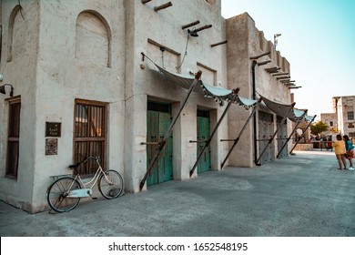 Dubai, UAE On 20 February 2020. Emirati old arabian gulf city traditional historical architectural buildings and homes. Al Seef Clay Houses. Deira, BurDubai 