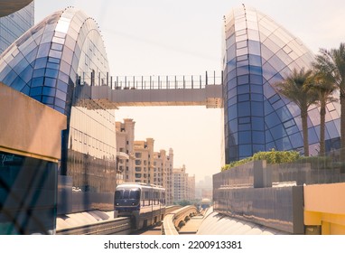 Dubai, UAE - September 2, 2022: The Palm Monorail Station And Arriving Train