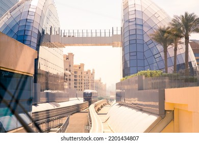 Dubai, UAE - September 2, 2022: The Palm Monorail Station And Arriving Train