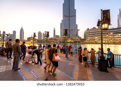 DUBAI, UAE - SEPTEMBER, 2018: Tourist Attracting Burj Khalifa. Busy Tourist Attraction Area. Travel Vacation Concept. The Dubai Mall.