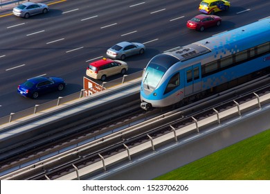 DUBAI, UAE - SEPTEMBER 24 2018: Modern metro transportation in Dubai city downtown