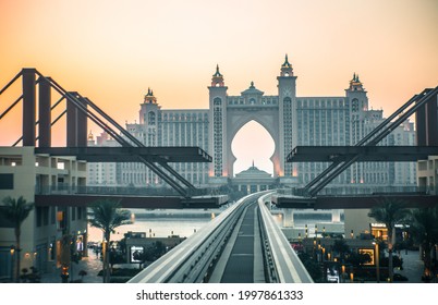 Dubai, UAE United Arabs Emirates - 29 May, 2019: Atlantis Hotel And Light Rail View At Sunset