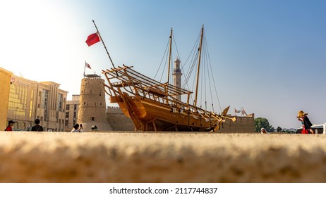 Dubai, UAE-July 2019: City attractions of the Dubai Museum located in the old quarter of Deira with a fort housing a museum with multimedia exhibits on local history and culture heritage. 