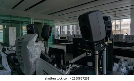 Dubai, UAE-July 2019: Office view of a new and modern Dubai television with rooms and studios filled with televisions equipment and systems for running the global broadcasting. 