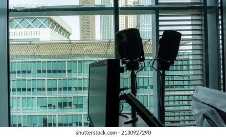 Dubai, UAE-July 2019: Office view of a new and modern Dubai television with rooms and studios filled with televisions equipment and systems for running the global broadcasting. 