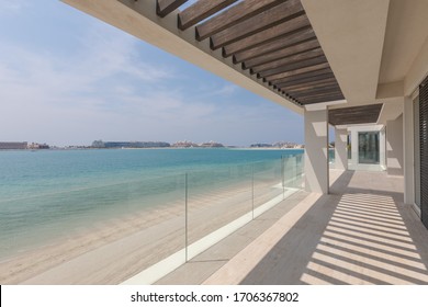 Dubai, United Arab Emirates 02/13/2020 : Terrace with a sea view in a beach front Villa/ House in Palm Jumeirah in Dubai