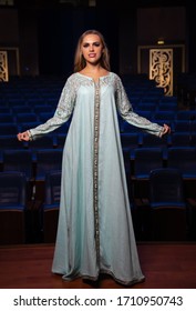 Dubai, United Arab Emirates 02/17/2020 : Beautiful Fashion Model Wearing An Arabic Dress And Posing For Camera In A Theater Studio In Studio City, Dubai