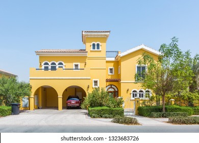 Dubai / United Arab Emirates - 02-26-2019 : State Of The Art, Big Yellow Villa House In Dubai, In The Villa Project Dubai. Private Covered Car Parking Also Avaialbe