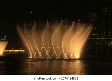 Dubai, United Arab Emirates - 04/20/2018 - Beautiful Modern Dancing Fountains at Burj Khalifa, The Dubai Mall and wonderful evening show, Dubai, UAE
