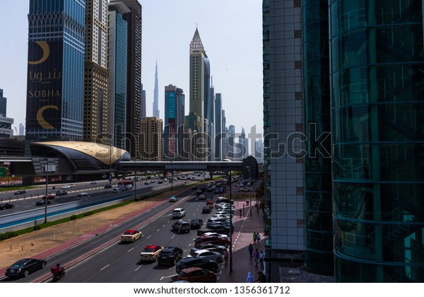 Dubai, United Arab Emirates; 1 April 2019;\
commercial and residential towers, cityscape view;  Emirates Towers\
metro station