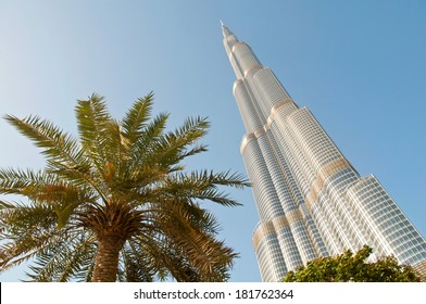 DUBAI, UNITED ARAB EMIRATES - 10 JUNE, 2013: Burj Khalifa tower. This skyscraper is the tallest man-made structure in the world, measuring 828 m. Completed in 2009. June 10, 2013 Dubai, UAE