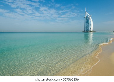 DUBAI, United Arab Emirates -17 January 2015: View Of The Luxury Beach Madinat Jumeirah And Hotel  Burj Al Arab