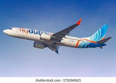 Dubai, United Arab Emirates – 21. February 2018: FlyDubai Boeing 737-8 Max at Dubai International airport (DXB) in the United Arab Emirates. Boeing is an aircraft manufacturer based in Seattle