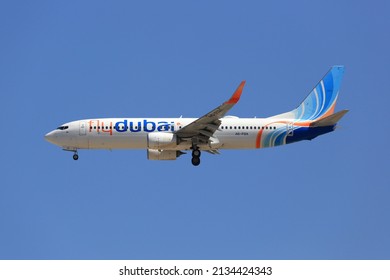 Dubai, United Arab Emirates - 7. March 2017: FlyDubai Boeing 737-800 airplane at Dubai airport (DXB) in the United Arab Emirates. Boeing is an aircraft manufacturer based in Seattle, Washington.