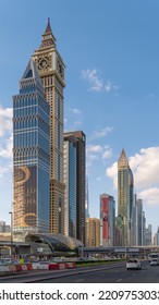 Dubai, United Arab Emirates - 7th February, 2022 : Modern Skyscrappers And A Metro Station On The Busy Sheikh Zayed Road.