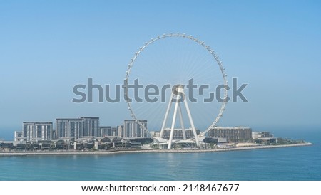 Dubai, United Arab Emirates. Amazing aerial view of the Ain Dubai and the Bluewaters Island. The world’s tallest and largest observation wheel. An iconic landmark close to Dubai Marina