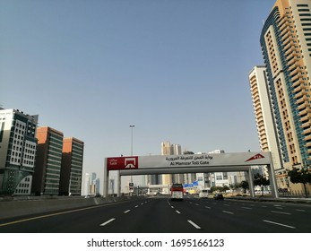 Dubai, United Arab Emirates - April 6, 2020: View Of Al Majaz Toll Gate On Al Ittihad Highway Connecting The Neigboring Emirates Of Dubai And Sharjah. Drivers Pay AED4 (US$1.08) Each Time They Pass.