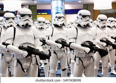 Dubai, United Arab Emirates - August, 2019: Stormtroopers from Star Wars movies in Dubai mall, Burj Khalifa in United Arab Emirates.