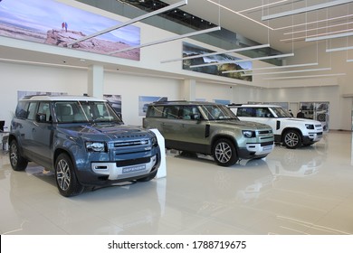 Dubai, United Arab Emirates - August 3, 2020: New 2020 Land Rover Defender 110 series vehicles on sale in a Land Rover dealership showroom. The new 4x4 is available in Launch Edition, S and SE trims.