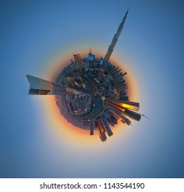 Dubai, United Arab Emirates - December 25, 2013: Dubai City As A Tiny Planet With Burj Khalifa, Sheikh Zayed Road And The Surrounding Downtown Towers