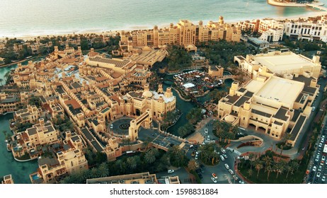 DUBAI, UNITED ARAB EMIRATES - DECEMBER 25, 2019. Aerial View Of Crowded Luxury Madinat Jumeirah The Arabian Resort