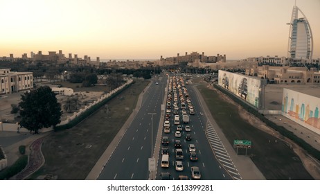 DUBAI, UNITED ARAB EMIRATES - DECEMBER 25, 2019. Aerial Shot Of Congested Traffic Near Madinat Jumeirah The Arabian Resort