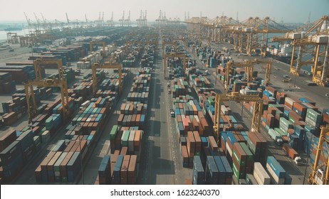 DUBAI, UNITED ARAB EMIRATES - DECEMBER 29, 2019. Aerial Shot Of Big Jebel Ali Container Port