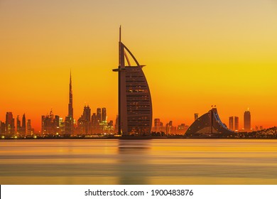 Dubai, United Arab Emirates, DECEMBER 26, 2019: Dubai city skyline view with Iconic skyscrapers Burj Khalifa and Burj Al Arab, United Arab Emirates