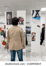 Dubai, United Arab Emirates- December 2, 2021: Male Tourist Looking Inside The Denmark Pavilion In EXPO 2020 Dubai