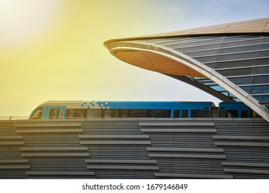 Dubai, United Arab Emirates - Feb 17, 2020:Train leaving Burj Khalifa Dubai Mall Subway Station.