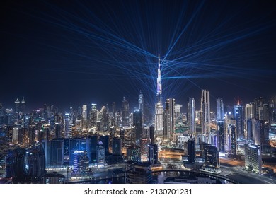 Dubai, United Arab Emirates - Feb 20, 2022: Burj Khalifa Light And Laser Show At Night.