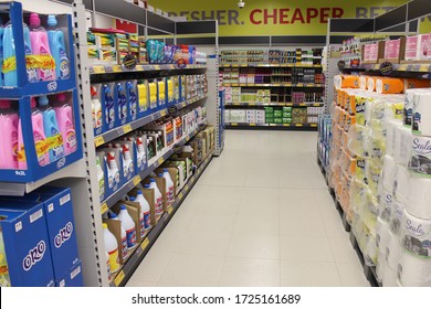 Dubai, United Arab Emirates - February 10, 2020: Supermarket interior view with consumer items for retail sale.