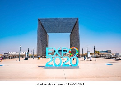 Dubai, United Arab Emirates - February 14, 2022: Entrance of Terra Sustainability Pavilion at the EXPO 2020 at sunset built for EXPO 2020 scheduled to be held in 2021 in the United Arab Emirates